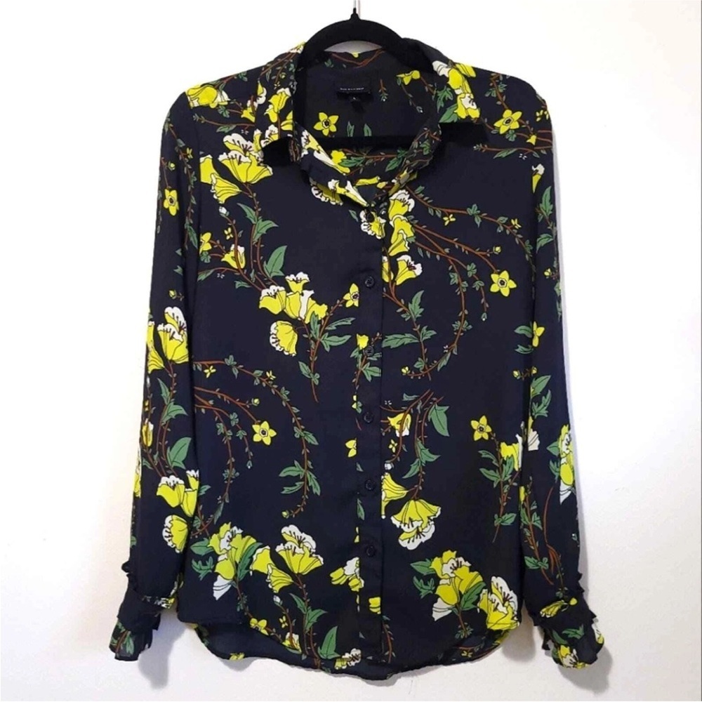 Who What Wear Floral Button Down Shirt in Black/ Yellow